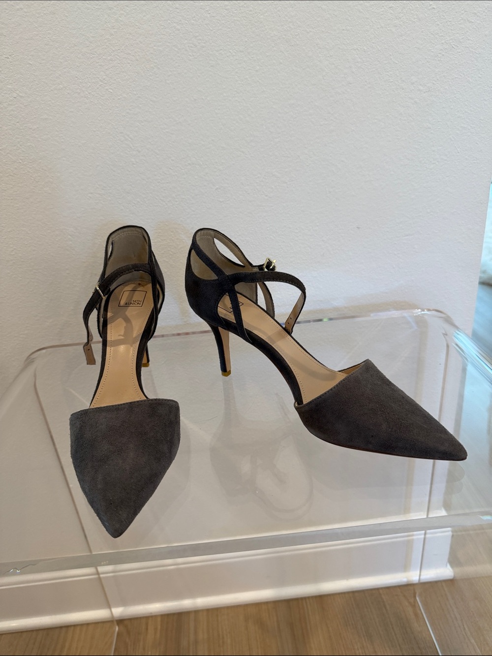 14th & Union Charcoal Gray Suede Pointed-Toe Ankle-Strap Heels